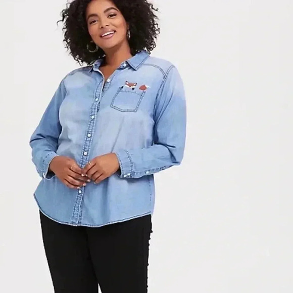 Torrid size 1 Fox Button Down Denim Classic Shirt Size XL - Picture 1 of 5